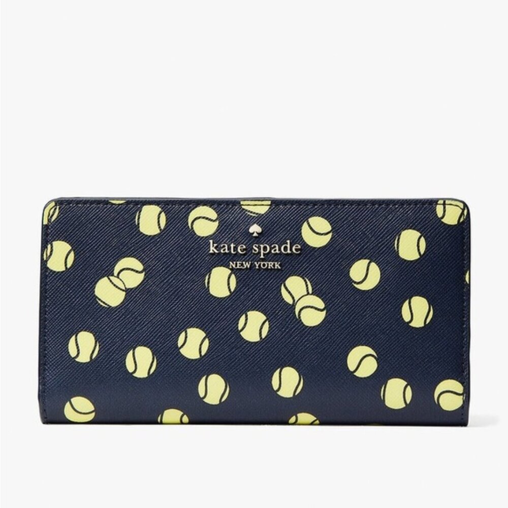 Kate Spade Tennis Toss Printed Large Slim Bifold Wallet. Color Blazer Blue Multi